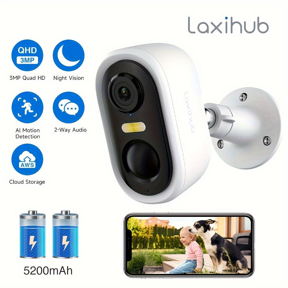 Laxihub Solar Powered Outdoor Security Camera 3MP 2K Color Night Vision, AI Human Motion Detection with Spotlight, IP65, 2-Way Audio, Wireless Battery-Powered CCTV for Home, Cloud/SD Storage, Wall-Mounted, Outdoor Surveillanc iBrightCS