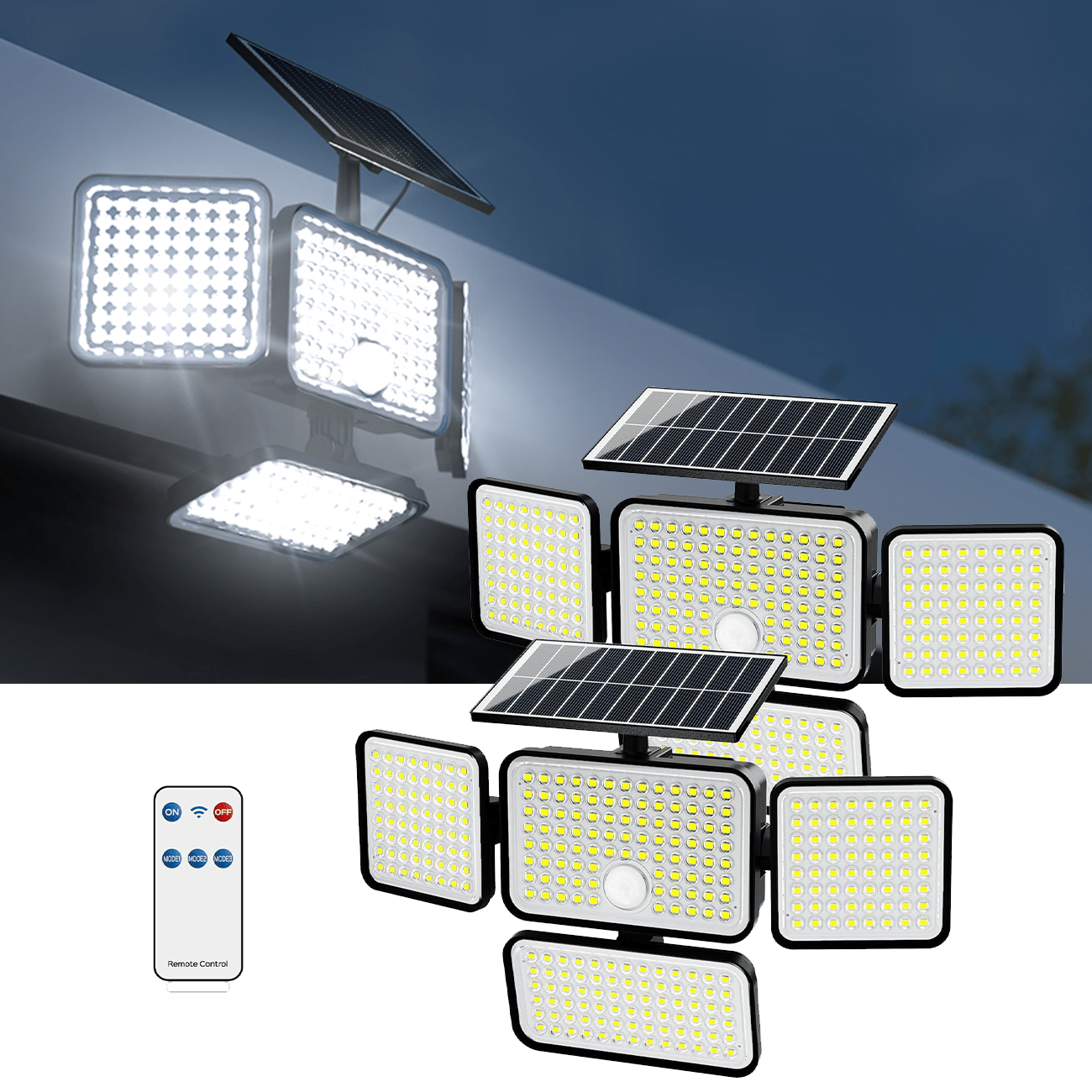 1/2/3pcs JACKYLED 304 LED Solar Outdoor Lights, Waterproof Motion Sensor Outdoor Lights with Remote Control, 4 Heads Solar Flood Wall Lights for Outside Yard for Christmas Lights - iBrightCS