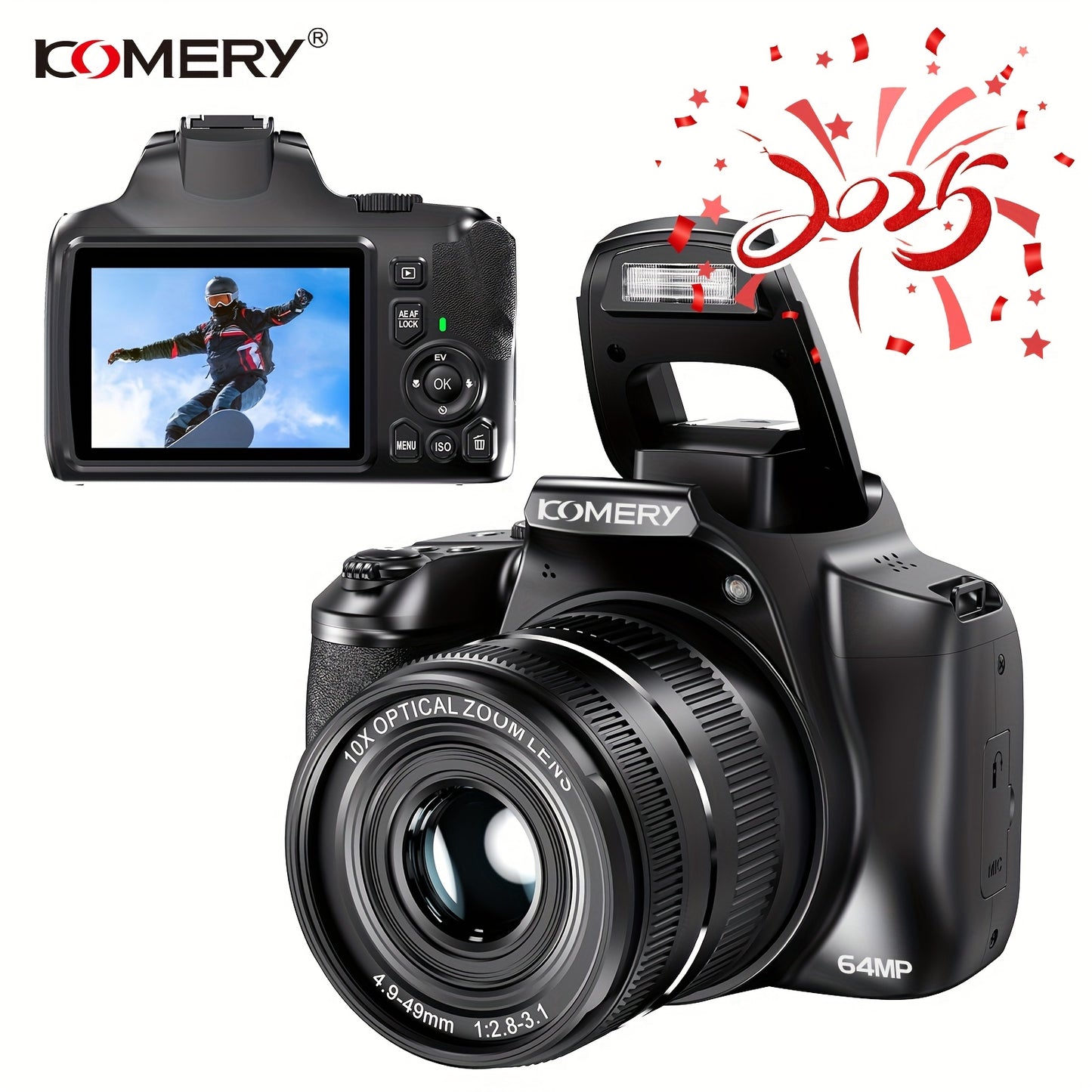 KOMERY W2 Digital Camera, 64MP and 10x Optical Zoom Autofocus Camera, Suitable for Photography and Video, 4K Video Blog Camera for YouTube, with Flash, WiFi Connection, 64GB SD Card, 2 Rechargeable Batteries, Dual Charger, Su