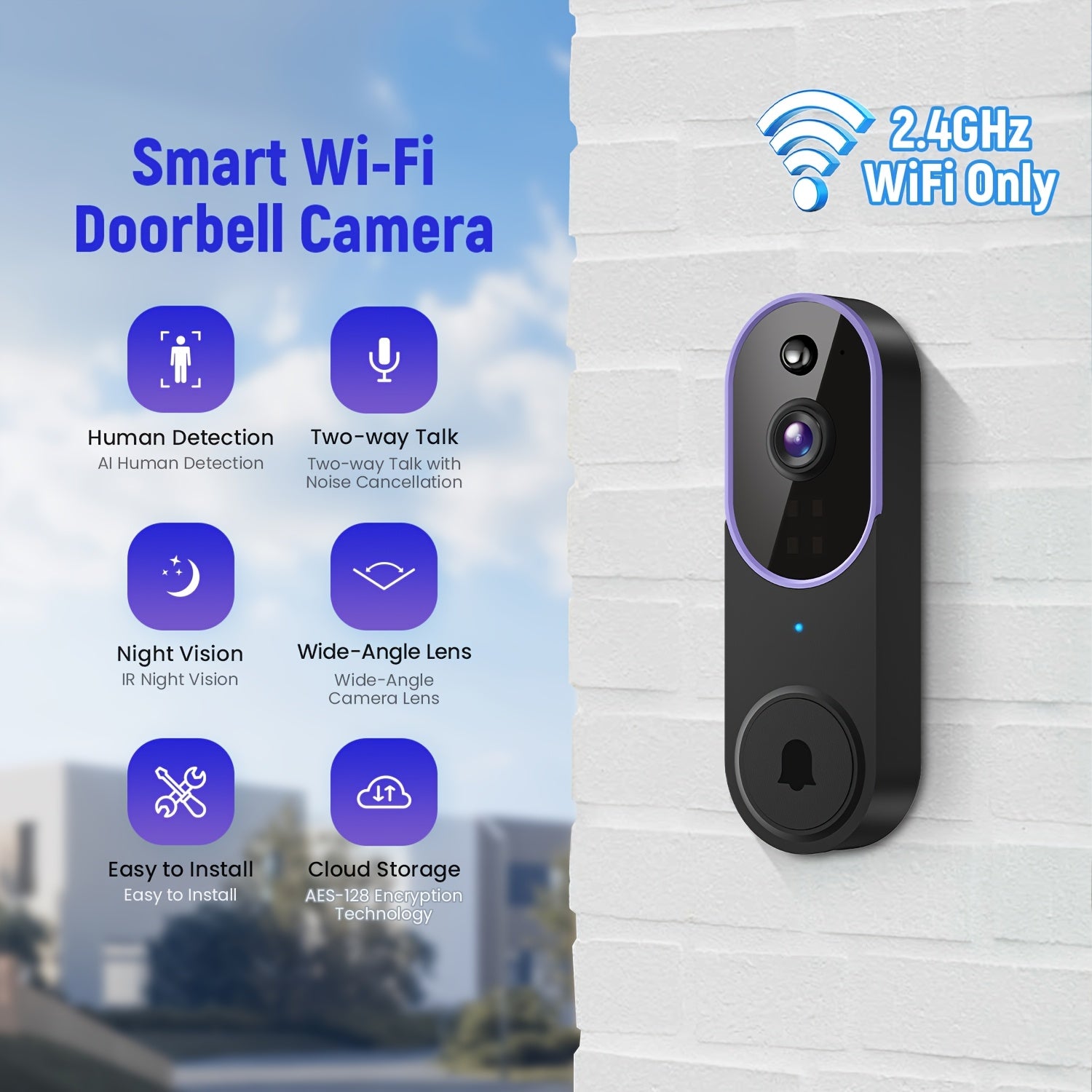 1080P Video Doorbell Camera, AI Body Detection, Live Viewing, Two-way Audio Doorbell, Night Vision, 2.4G Wi-Fi, Cloud Storage, Surveillance Camera, Video From Foot to Foot, Live View Two-way Calls, Business Phone Box - iBrightCS