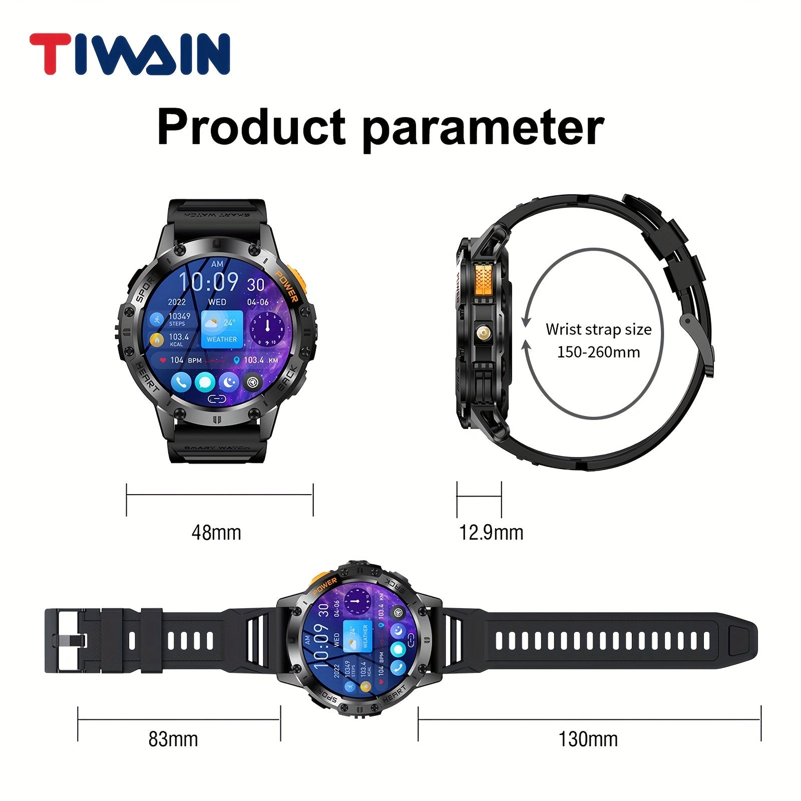 Tiwain Smart Watch For Men With Flashlight, Battery 100+ Sport Modes 1.43" Full Toutch AMOLED Screen, Answer Calls Wirelessly, Smartwatch For Android Phones And For IPhone Compatible, Fitness Tracker - iBrightCS