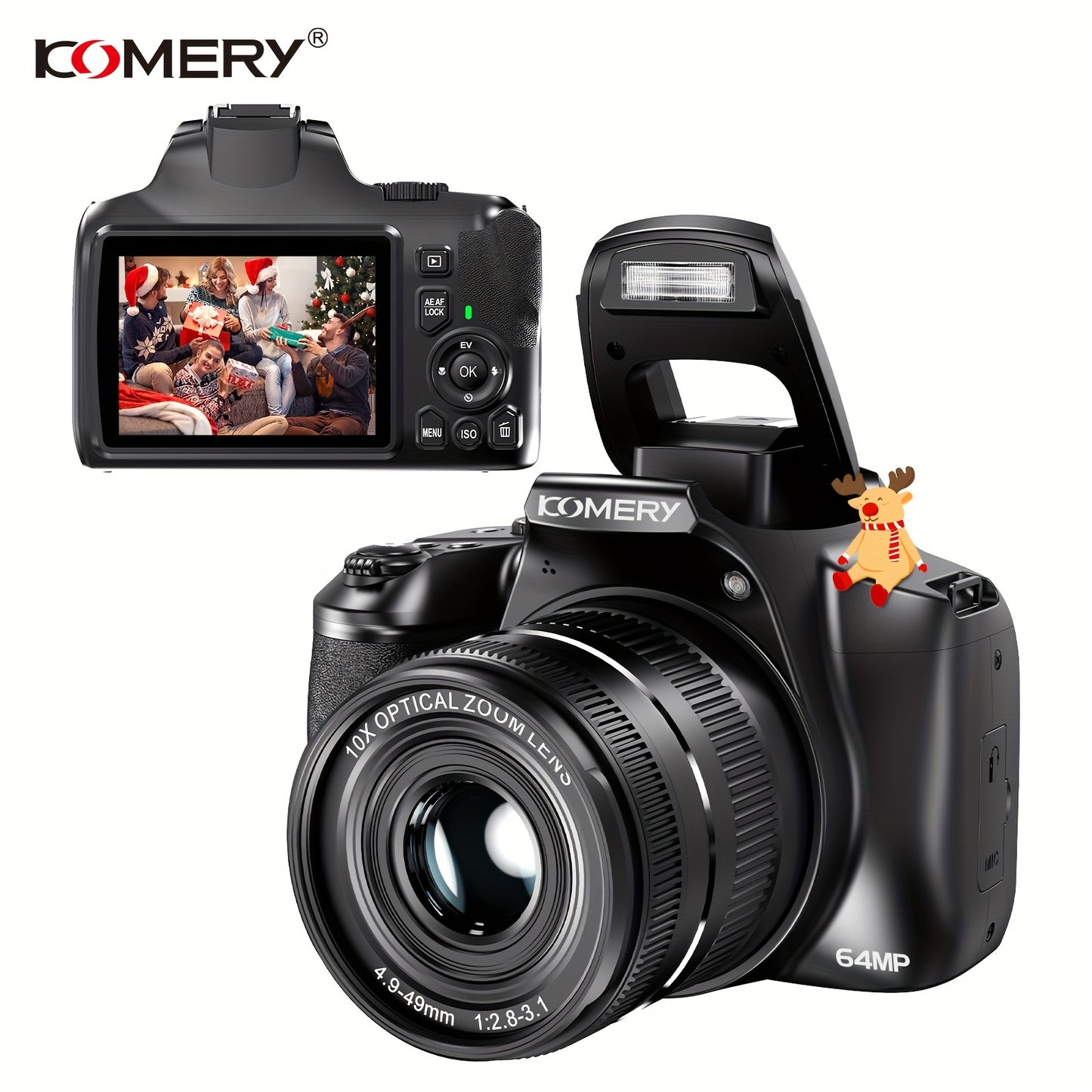 KOMERY W2 Digital Camera, 64MP and 10x Optical Zoom Autofocus Camera, Suitable for Photography and Video, 4K Video Blog Camera for YouTube, with Flash, WiFi Connection, 64GB SD Card, 2 Rechargeable Batteries, Dual Charger, Su