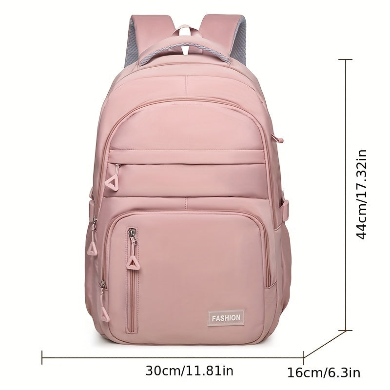 Fashionable Nylon Casual Backpack for Women, Lightweight Large Capacity Travel Bag with Adjustable Straps, Zip Closure, Polyester Lining, Sewing Thread Detail, Ideal for High School & College Students - Black & Pink Options - iBrightCS