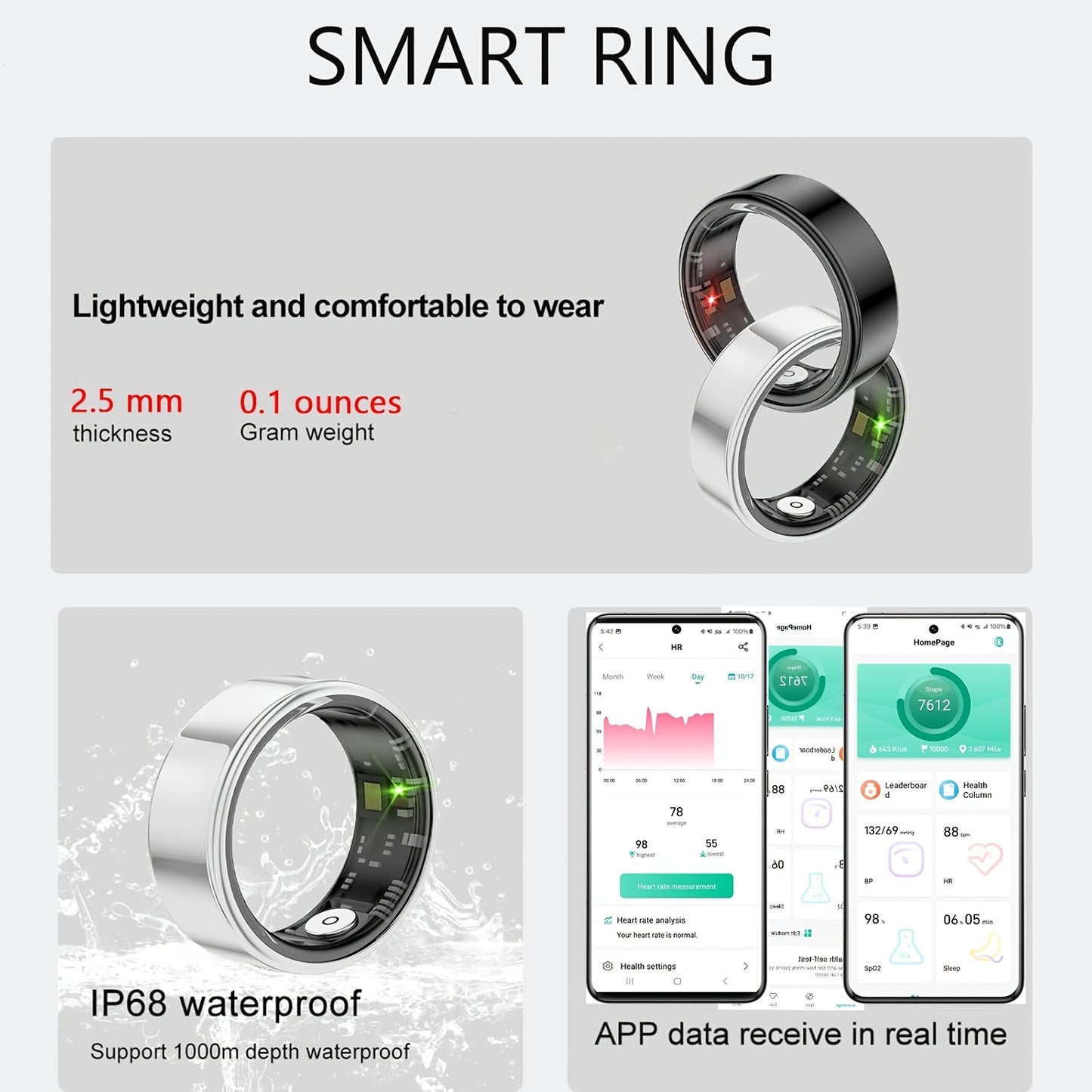 2025 New Smart Ring for Women Men, Smart Health Ring - IP68 Fitness Ring, Fitness Tracker with Sleep Tracker, Step Tracker, Distance Monitoring for iPhone and Android - Mother's Day Gift/Father's Day Gift