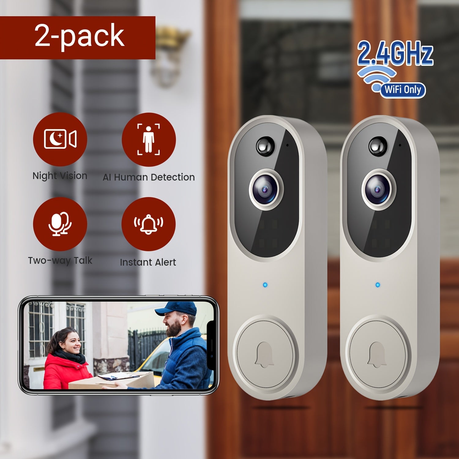 2pcs/1080P High-definition Video Doorbell Camera, With AI Human Body Detection, Two-way Audio, Infrared Night Vision, Cloud And Local Storage, Rechargeable Battery, Indoor Wall-mounted Security Monitoring, Indoor Security Cam - iBrightCS