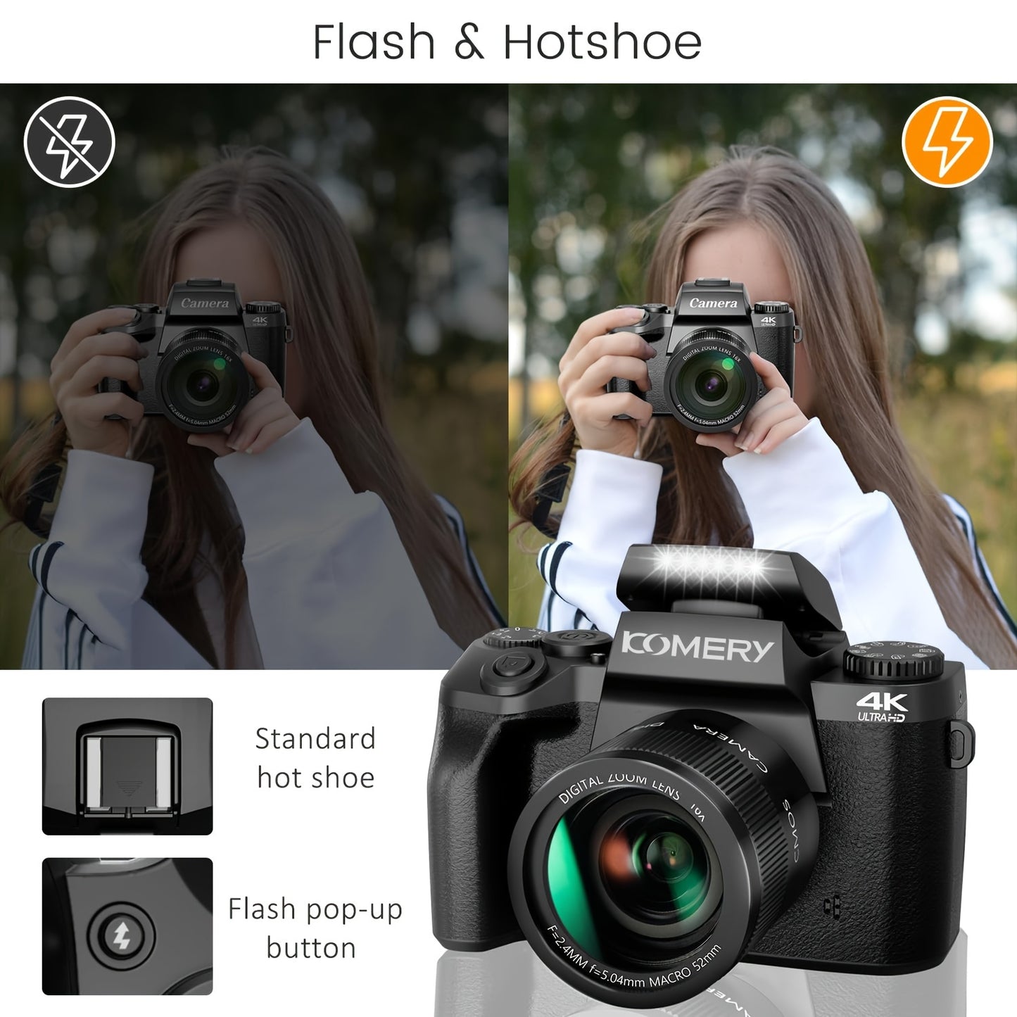 KOMERY W5 Touch Screen Camera for Photography, 4k 64MP Vlogging Camera with 4.0-inch HD Screen, 18X Digital Zoom, Wide Angle Lens with Lens Hood. with Two Long-life Rechargeable Lithium Battery And 64GB Memory Card.