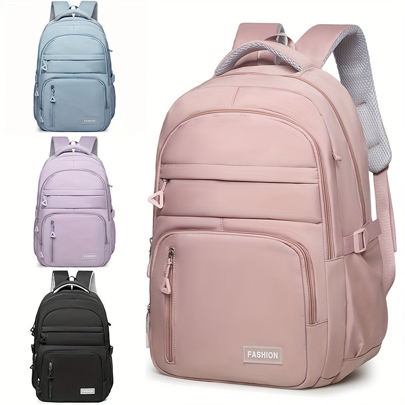 Fashionable Nylon Casual Backpack for Women, Lightweight Large Capacity Travel Bag with Adjustable Straps, Zip Closure, Polyester Lining, Sewing Thread Detail, Ideal for High School & College Students - Black & Pink Options - iBrightCS