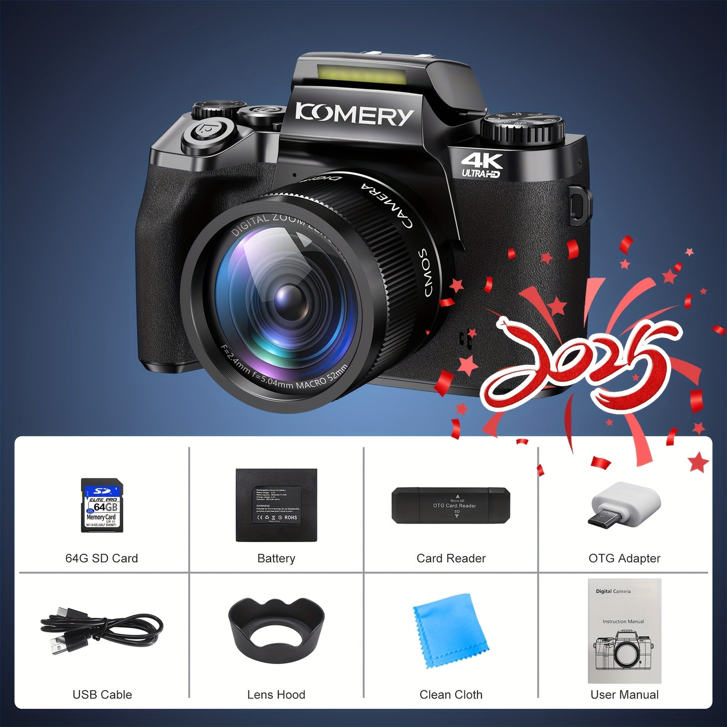 KOMERY W5 Touch Screen Camera for Photography, 4k 64MP Vlogging Camera with 4.0-inch HD Screen, 18X Digital Zoom, Wide Angle Lens with Lens Hood. with Two Long-life Rechargeable Lithium Battery And 64GB Memory Card.