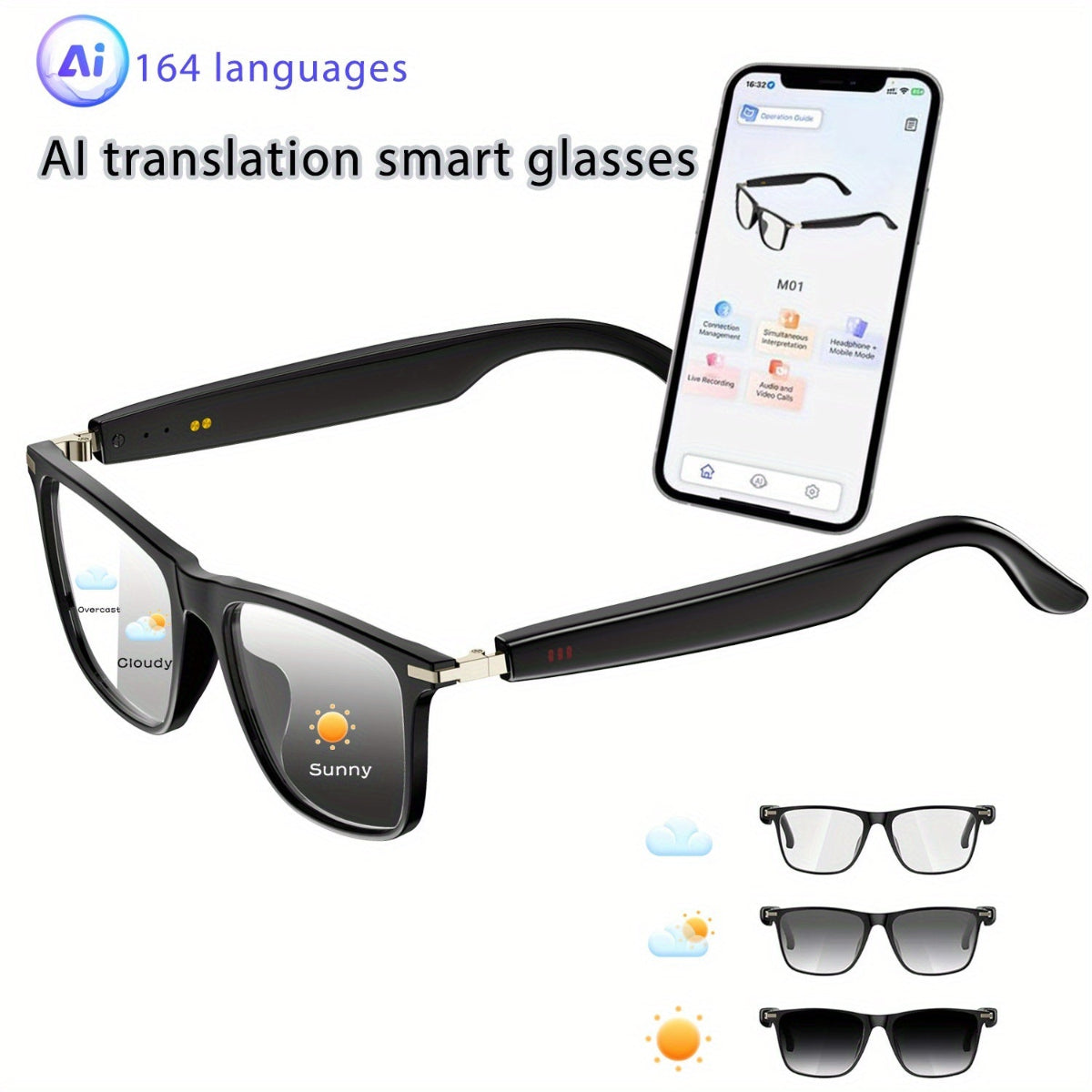 AI translation smart glasses with smartphone app interface on a white background