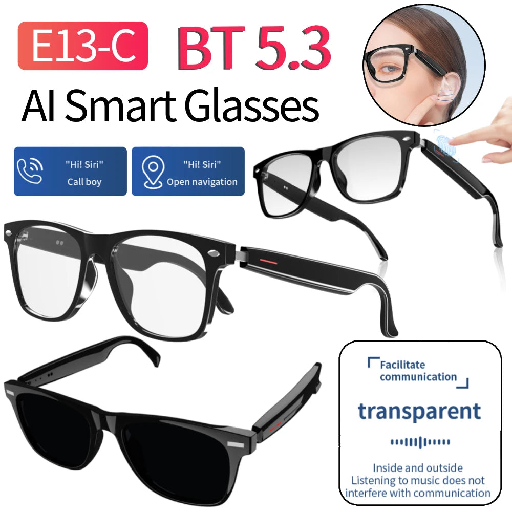 AI Smart Glasses with Bluetooth 5.3 connectivity, featuring different lens options and a transparent label.