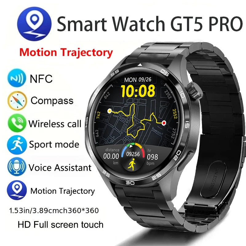 A promotional image of GT5 PRO smart watch displaying features such as NFC, compass, wireless call, sport mode, voice assistant, and motion trajectory with a 1.53 inch/3.