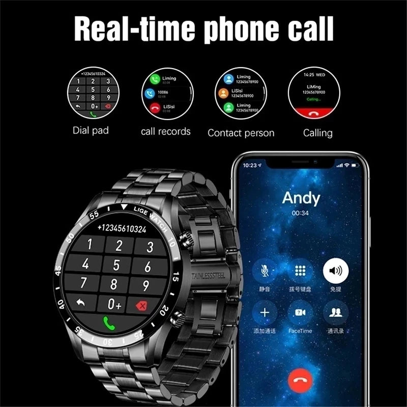 LIGE Luxury Full Circle Touch Screen Men Smart Watch Bluetooth Call Steel Band Waterproof Sports Fitness Watch For Android IOS - iBrightCS