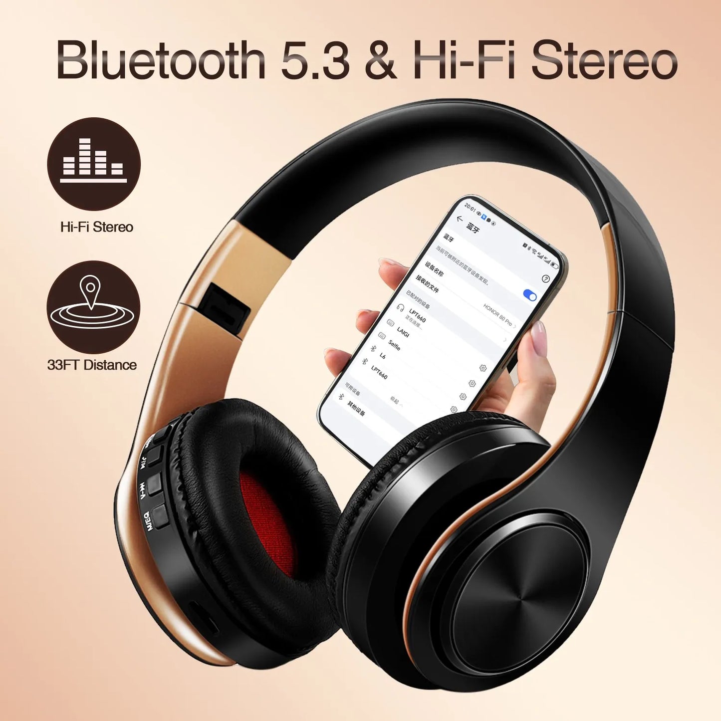 Gold Wireless Headphones Bluetooth Earphone Stereo Headset with Built-in MIC with 3.5mm Jack for Xiaomi Samsung IPHONE
