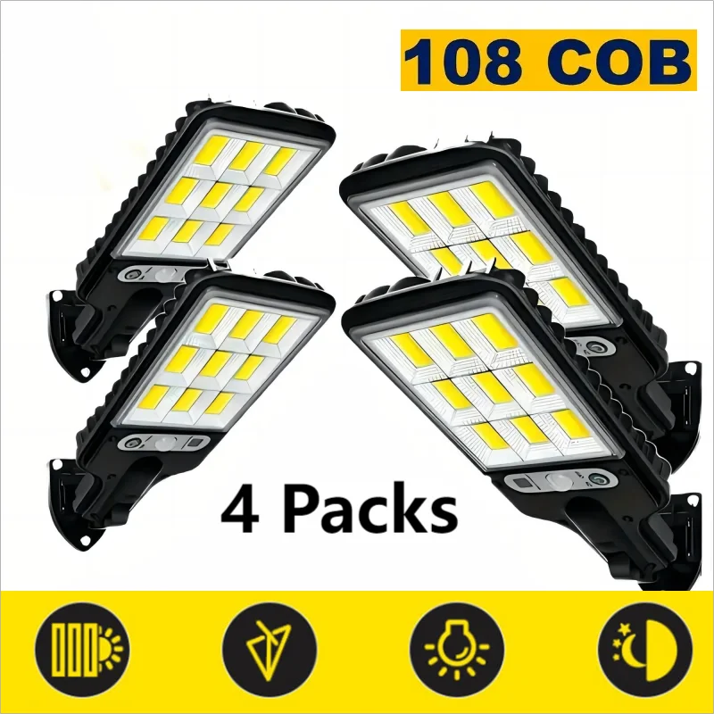 1/2/4-Pack Solar Street Lights, 108 COB LED Outdoor Wall Lights with Remote Control and Motion Sensor, Adjustable 3 Modes, Suita - iBrightCS