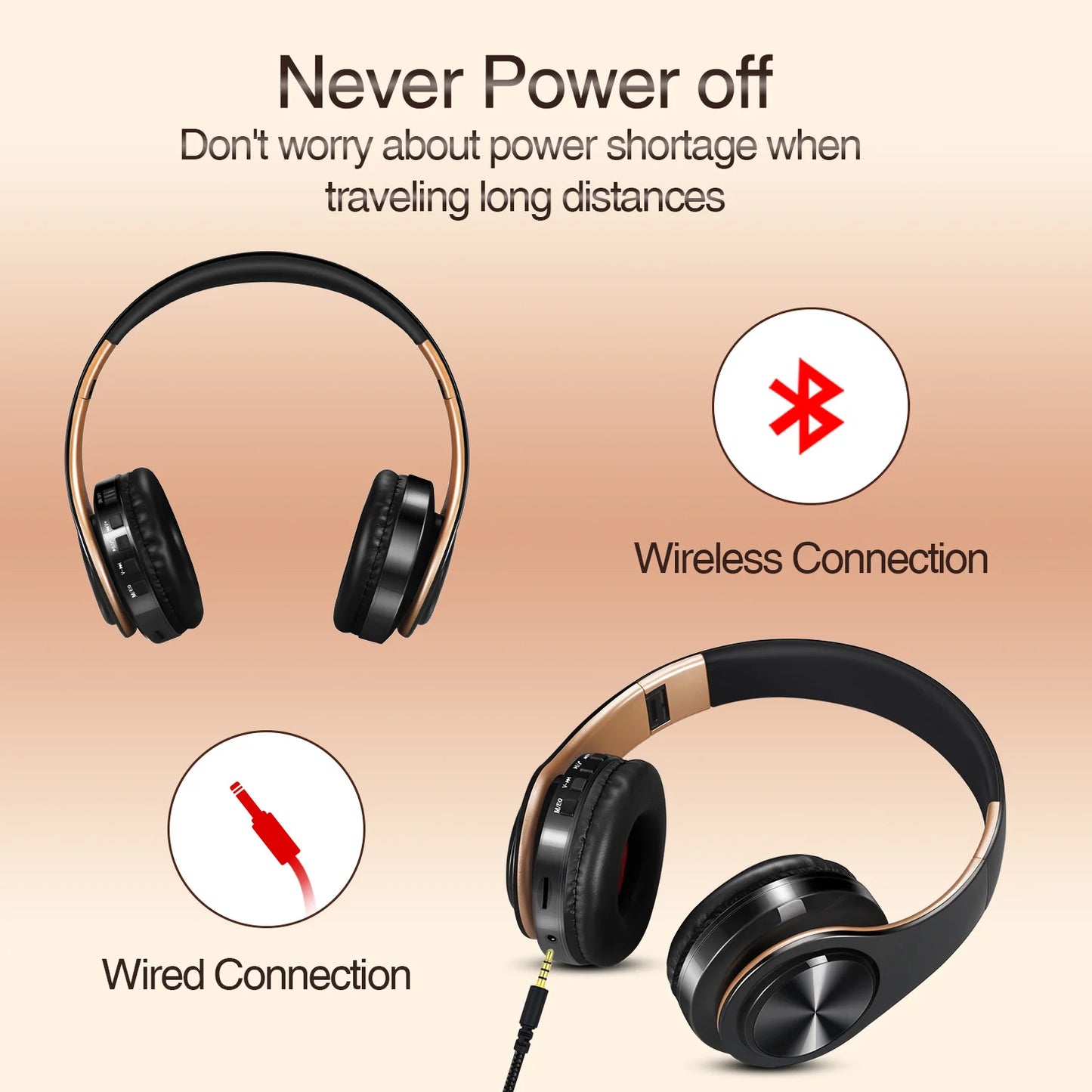 Gold Wireless Headphones Bluetooth Earphone Stereo Headset with Built-in MIC with 3.5mm Jack for Xiaomi Samsung IPHONE