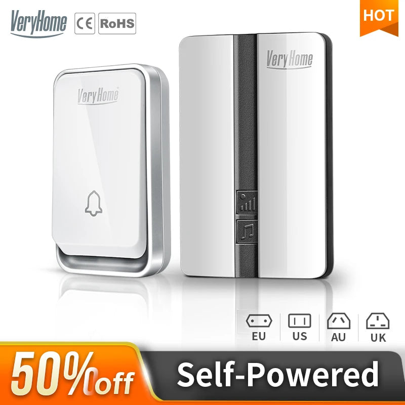 VeryHome Wireless Doorbell Waterproof Self-powered Button Smart Door Bell Sets Home Welcome Outdoor House Chimes Receiver - iBrightCS