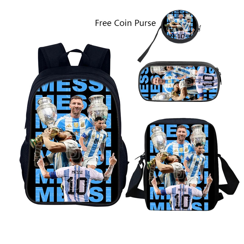 3 pcs set Football Star Child School Backpack with Lunch Bags Pencil Bags School Bags For M-Messis Boys Girls Best Gift - iBrightCS