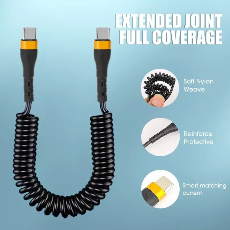 Type C To Type C Spring Cable PD 120W Super Quick Charging Data Cable Wire for IPhone 15Pro Max Mini Samsung Type-c Data Cord - iBrightCS