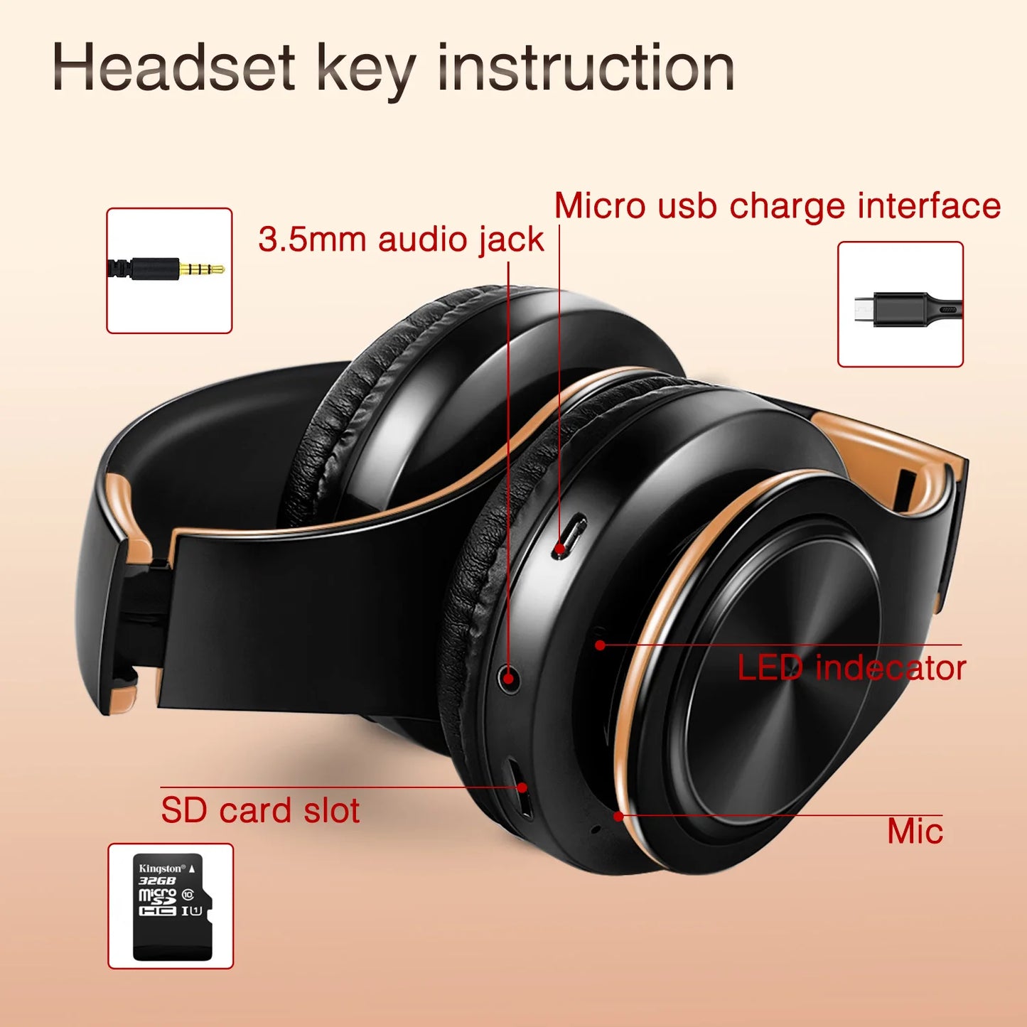 Gold Wireless Headphones Bluetooth Earphone Stereo Headset with Built-in MIC with 3.5mm Jack for Xiaomi Samsung IPHONE