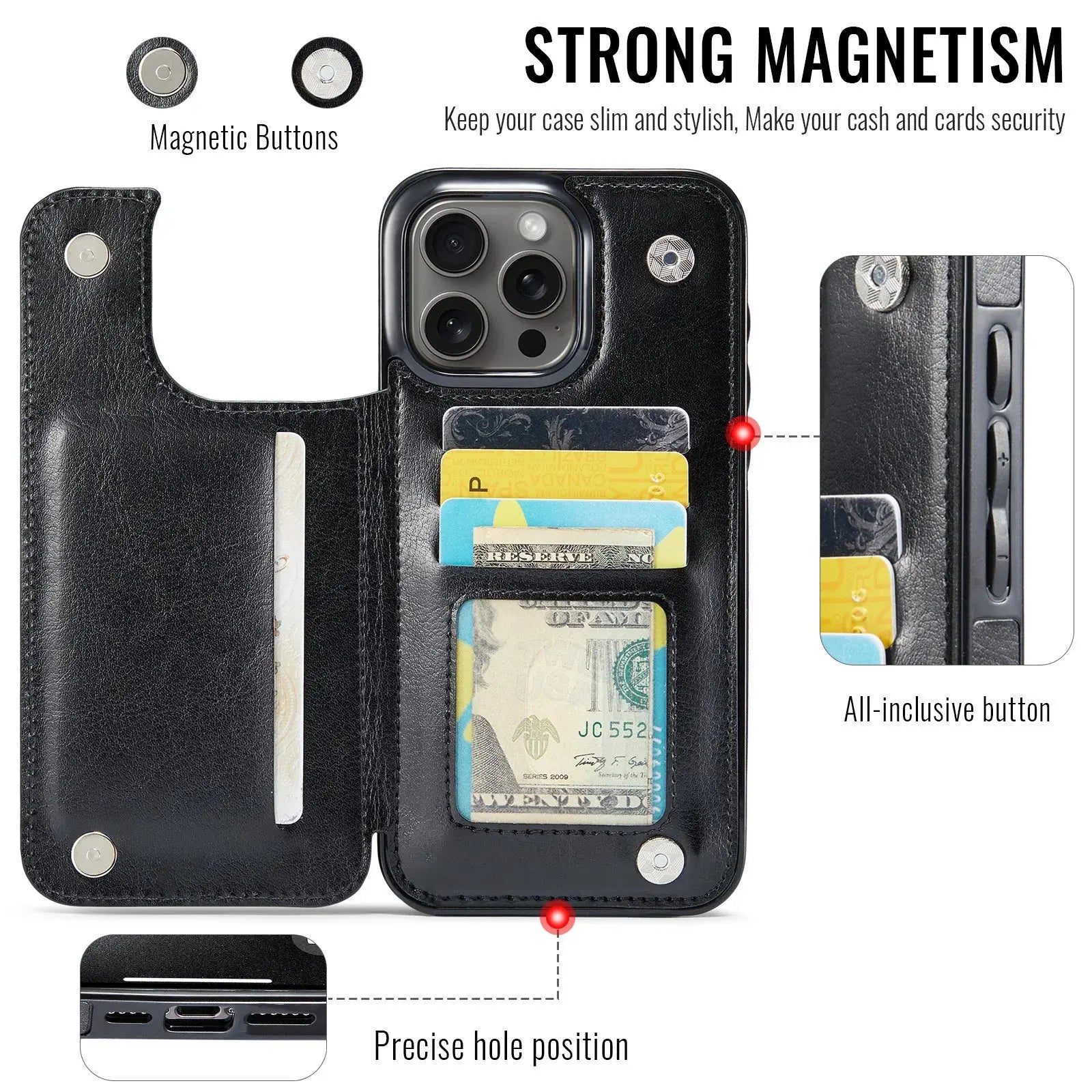 Leather Case Kickstand Card Holder - iPhone 16 15 14 13 12 11 Pro Max - iBrightCS