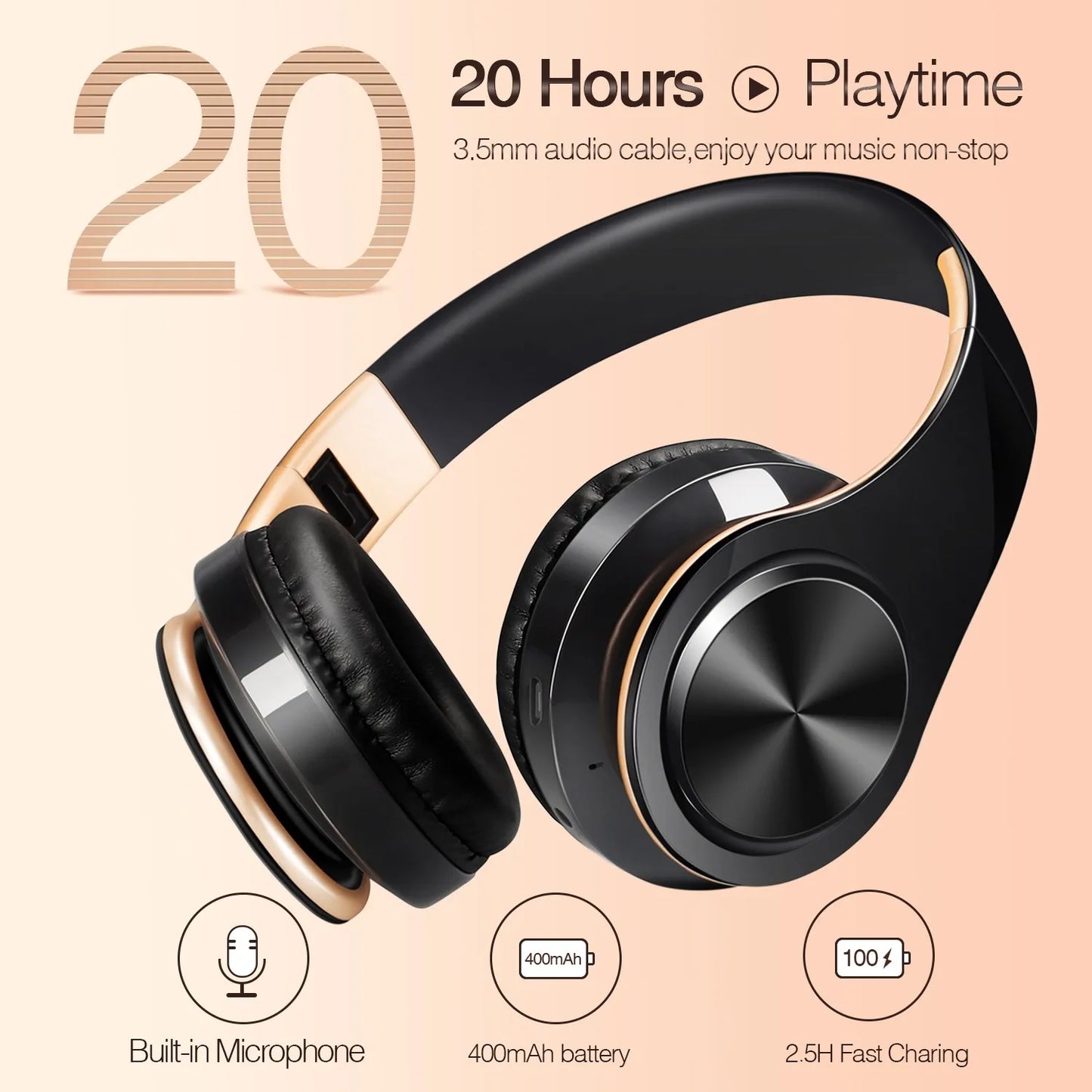 Gold Wireless Headphones Bluetooth Earphone Stereo Headset with Built-in MIC with 3.5mm Jack for Xiaomi Samsung IPHONE
