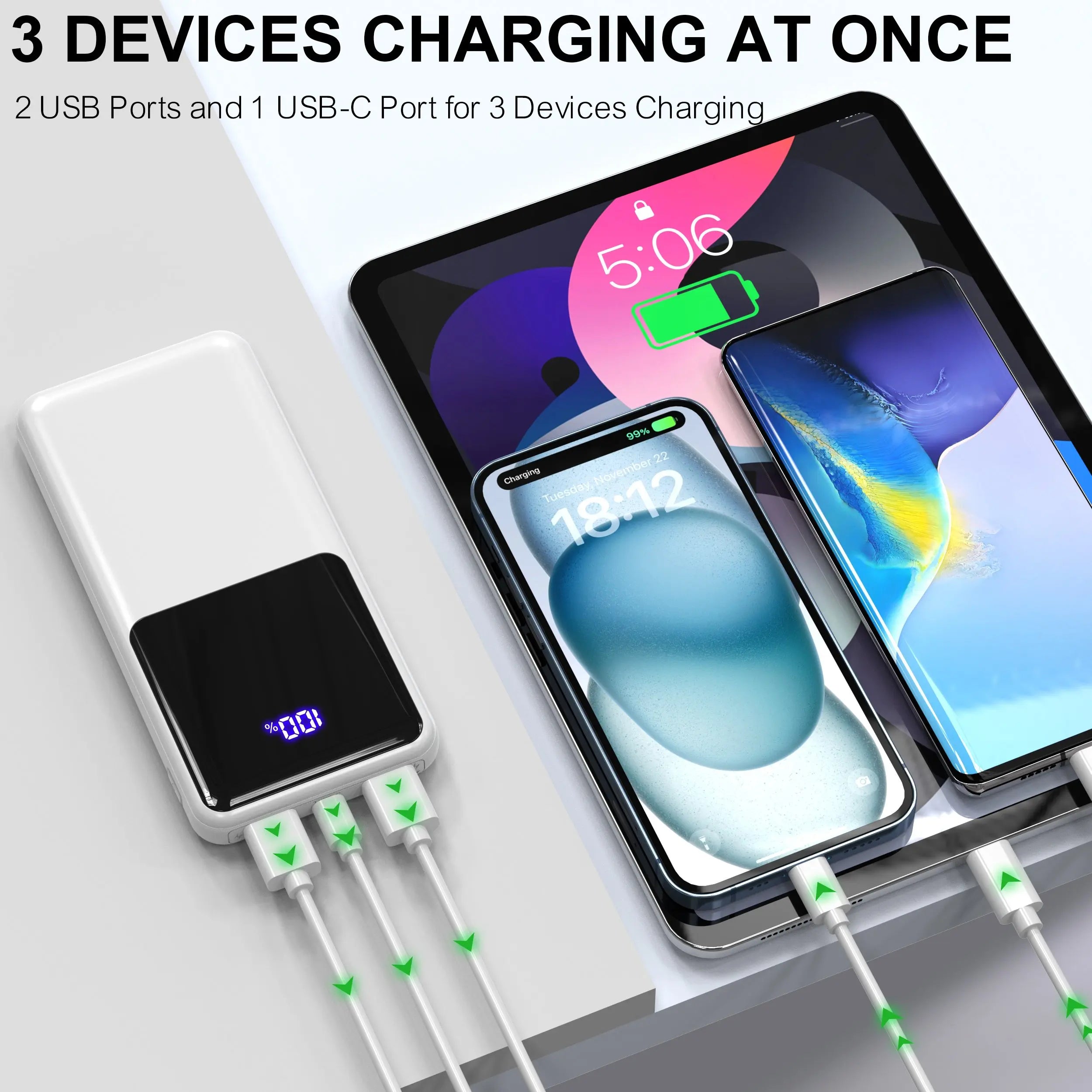 Power Bank Battery Pack Portable Charger, 10000mAh, PD 22.5W, Slim Design, 3 Outputs & 2 Inputs with LCD Display - iBrightCS