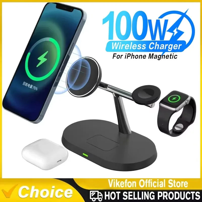 3 in 1 100W Magnetic Wireless Charger Stand For Magsafe iPhone 16 15 14 13 12 Apple Watch 8 7 Airpods Pro Fast Charging Station - iBrightCS