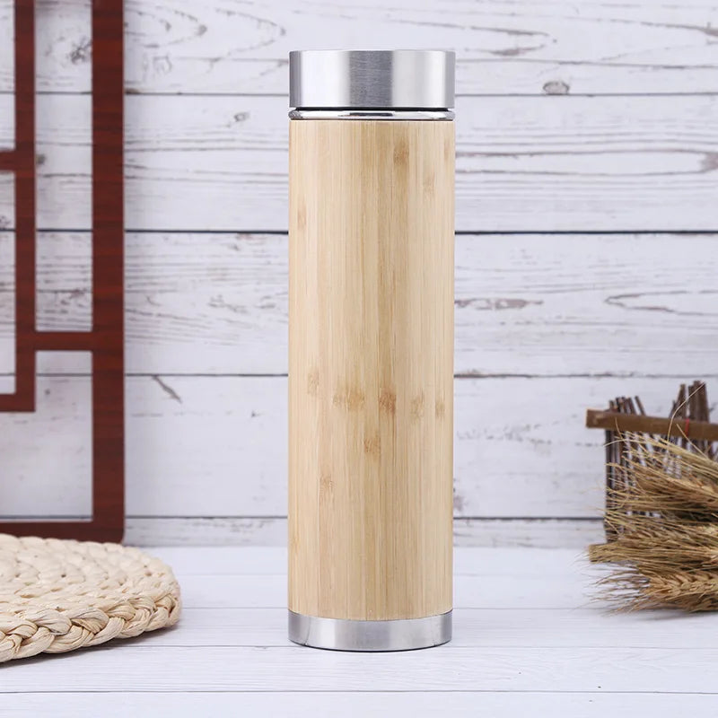 Bamboo Crafts Bamboo Tea Thermos Steel Double Wall Coffee Tea Bamboo Vacuum Flask 400-500ml