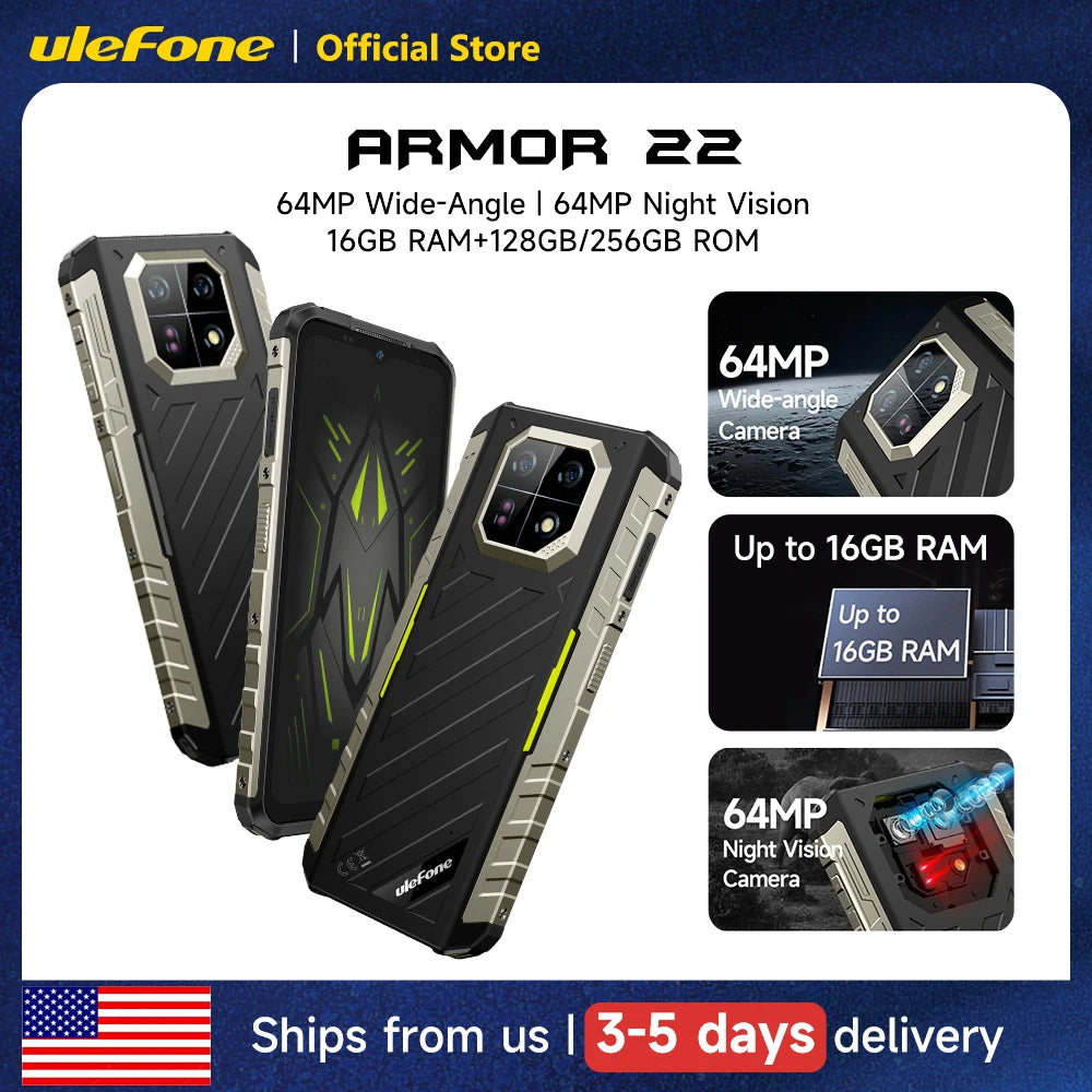 Ulefone Armor 22 Rugged Phone ,16GB (8GB+8GB) RAM ,128GB/256GB ROM , Android 13 Smartphone,NFC 64MP 4G Phone - iBrightCS