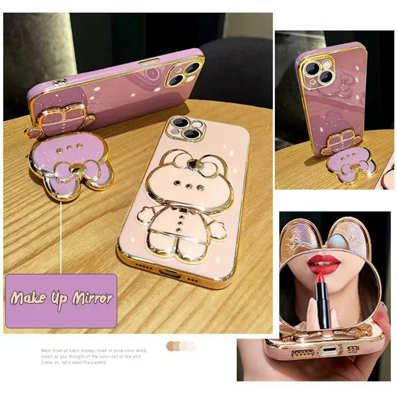 Diamond Strap Mirror Rabbit Phone Holder On Case For iPhone 15 14 13 12 11 Xs Pro Max Mini X XR Apple 6 6s 7 8 Plus Stand Cover - iBrightCS