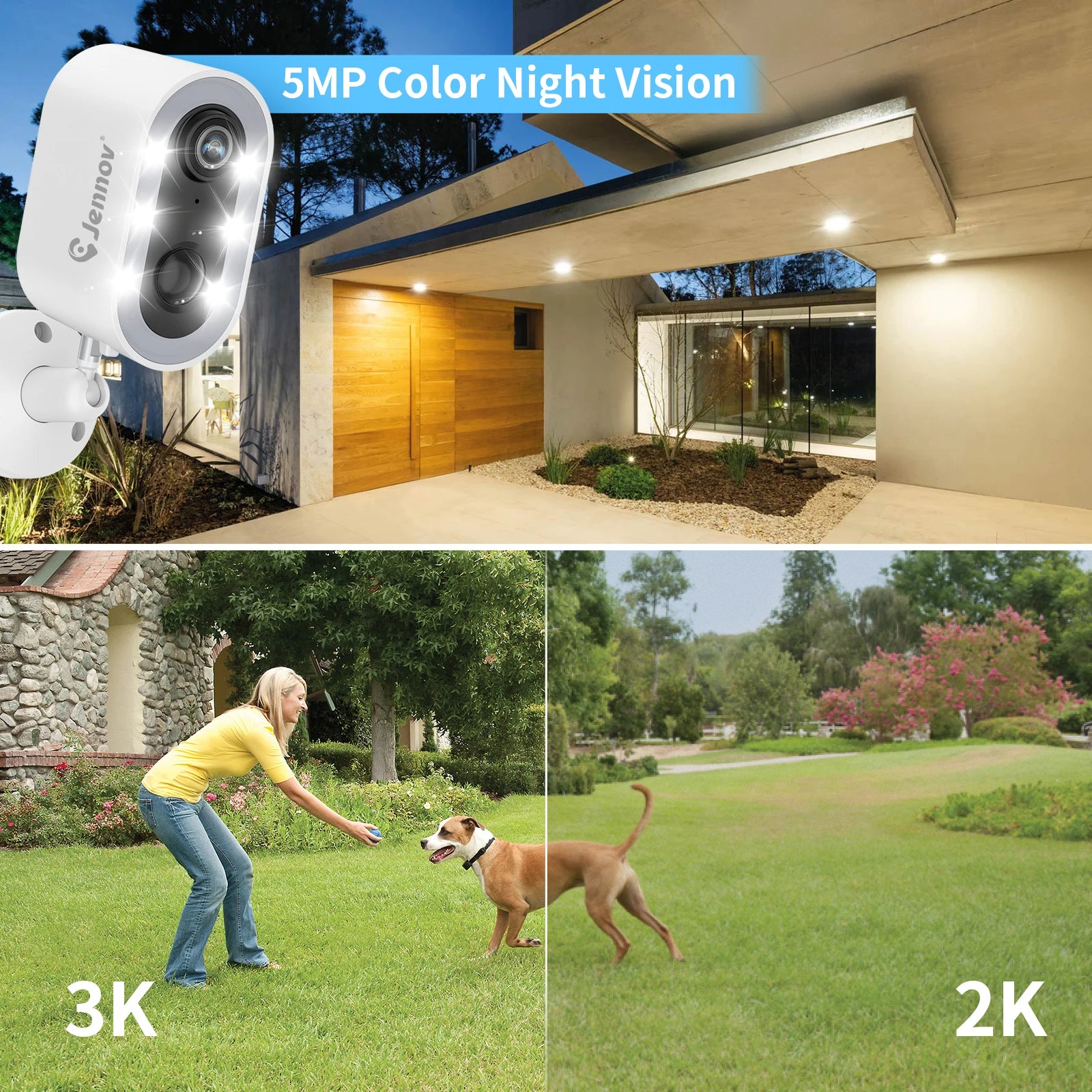 Jennov 5MP Security Camera Wireless WiFi Camera Battery Powered with Color Night Vision Two-Way Talk for Outdoor Home Camera - iBrightCS
