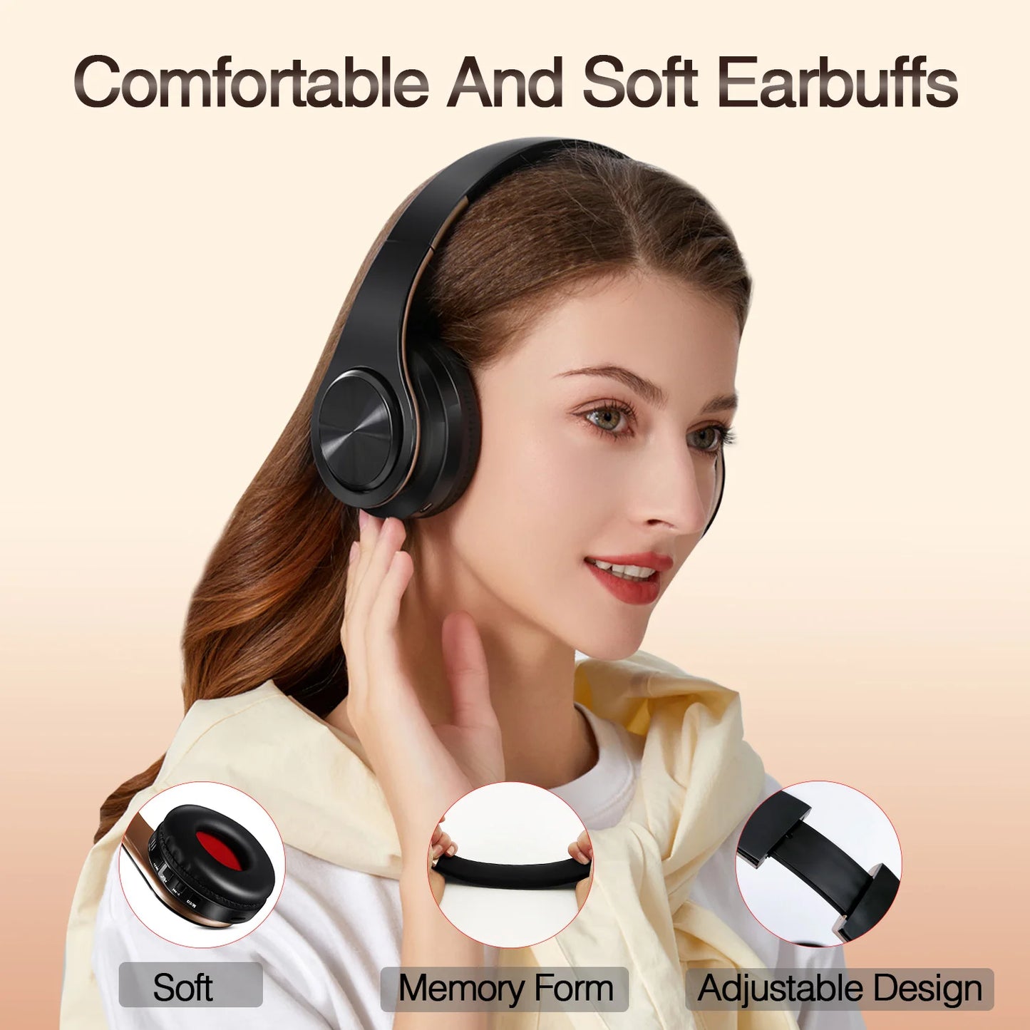 Gold Wireless Headphones Bluetooth Earphone Stereo Headset with Built-in MIC with 3.5mm Jack for Xiaomi Samsung IPHONE