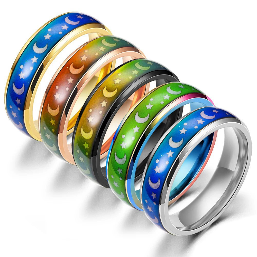 AsJerlya Classic Body Temperature Change Color Mood Ring Star Moon Stainless Steel For Women Men Smart Discolor Rings Best Gifts