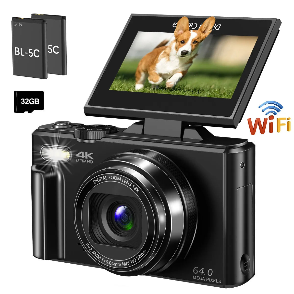 4K compact digital photography camera, 18x digital zoom, vintage vlog video recorder for YouTube, 180° flip screen, WiFi webcam - iBrightCS