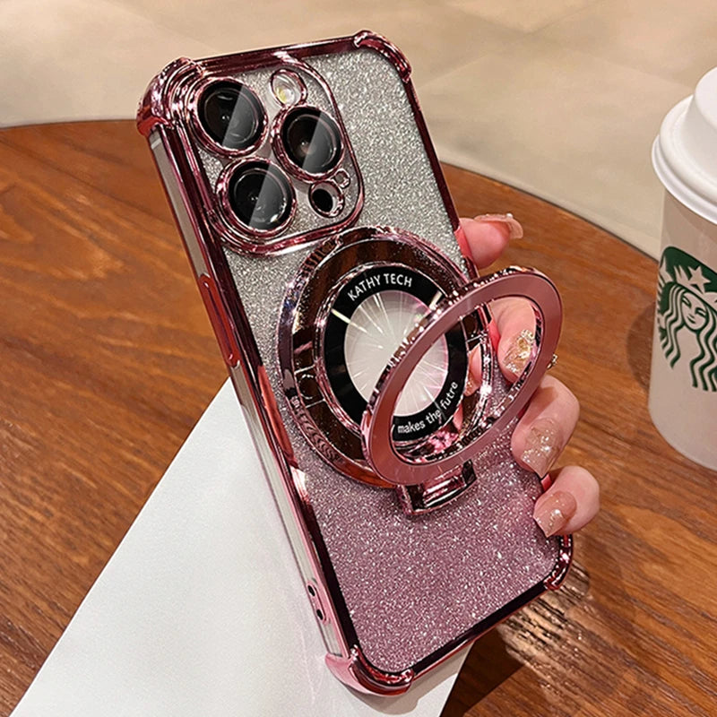 Luxury Plating Magsafe Magnetic Holder Stand Phone Case For iPhone 11 12 13 14 15 16 Pro Max Bumper Protector On 15 Plus Cover - iBrightCS