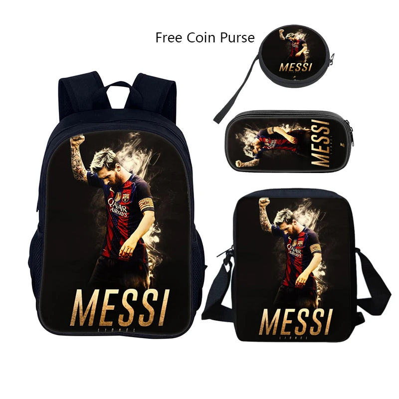 3 pcs set Football Star Child School Backpack with Lunch Bags Pencil Bags School Bags For M-Messis Boys Girls Best Gift - iBrightCS