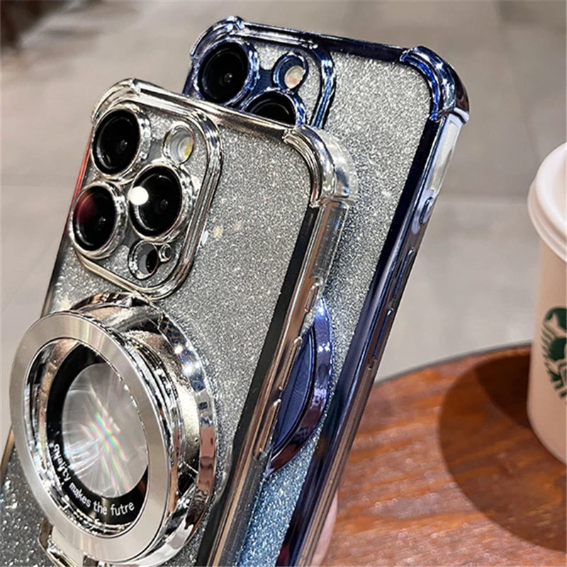Luxury Plating Magsafe Magnetic Holder Stand Phone Case For iPhone 11 12 13 14 15 16 Pro Max Bumper Protector On 15 Plus Cover - iBrightCS