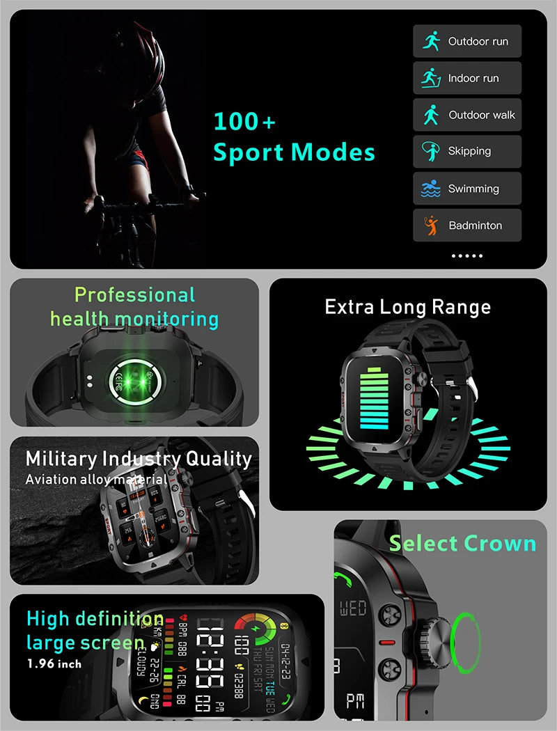2025 New For Men Military Smart Watch Men IP68 5ATM Outdoor Sports Fitness Tracker Health Monitor 1.96" BT Call Smartwatch