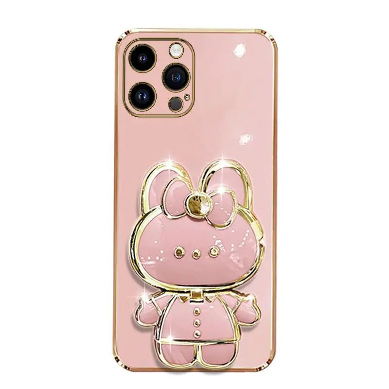 Diamond Strap Mirror Rabbit Phone Holder On Case For iPhone 15 14 13 12 11 Xs Pro Max Mini X XR Apple 6 6s 7 8 Plus Stand Cover - iBrightCS