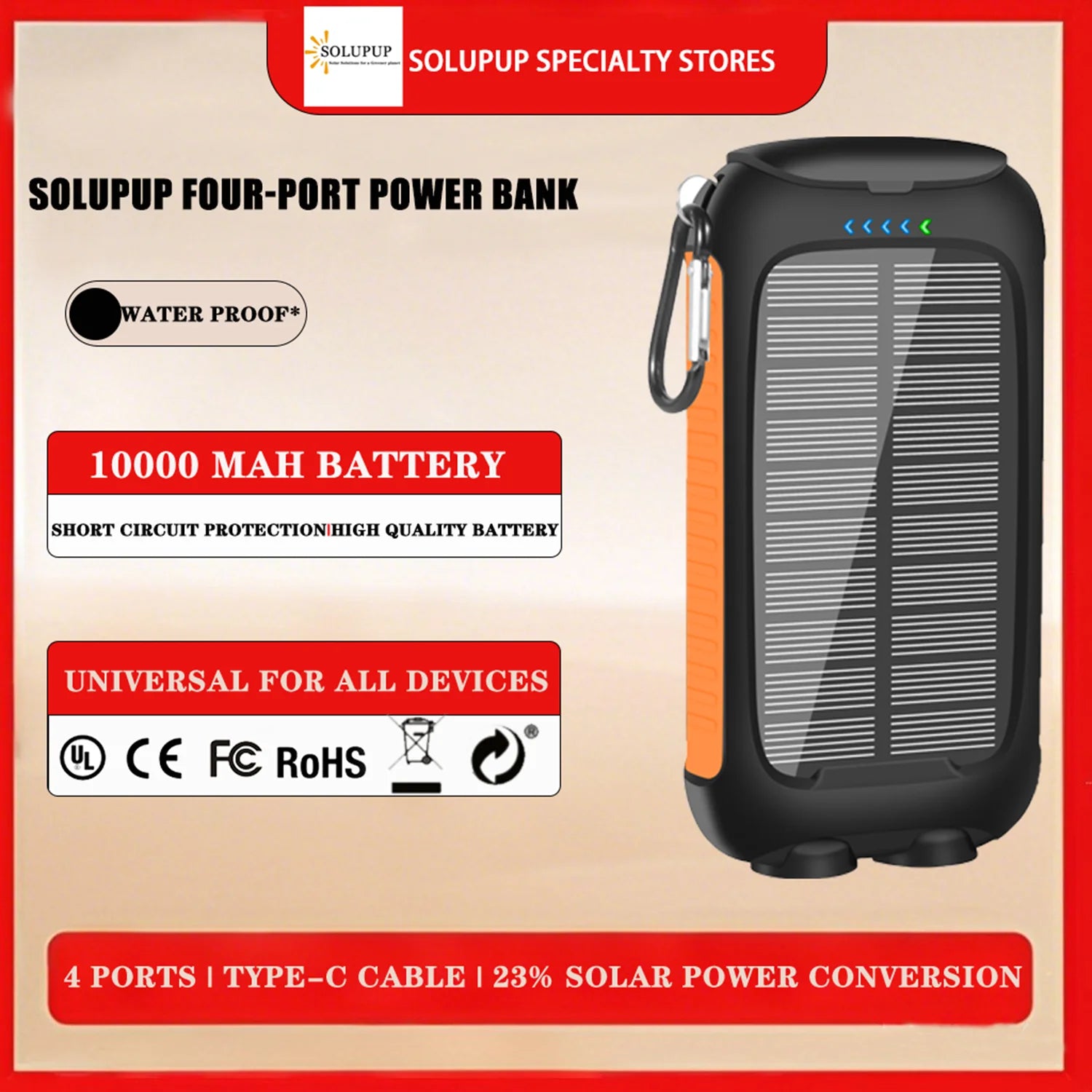 Waterproof Outdoor Solar Power Bank 10000mAh Dual USB Travel Outdoor Solar Mobile Phone Charger Solar Powerbanks For Camping - iBrightCS