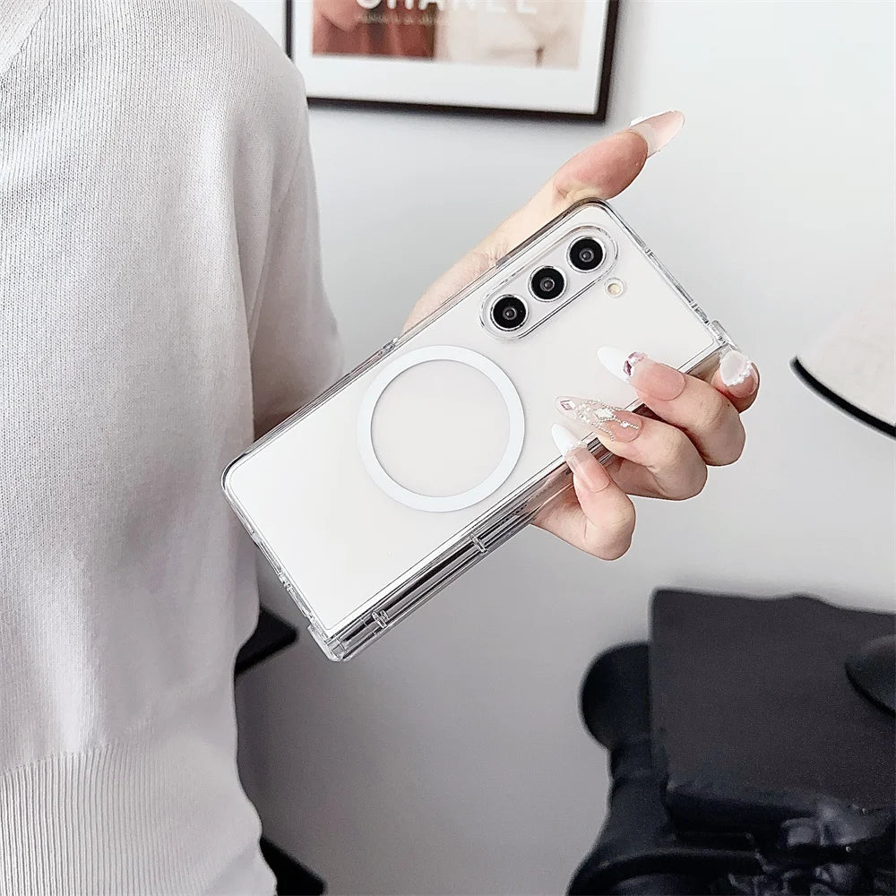 Luxury Magsafe Transaprent Fold6 Fold5 Case for Samsung Galaxy Z Fold 6 3 4 5 Fold6 Fold4 Magnetic Wireless Charging Cover