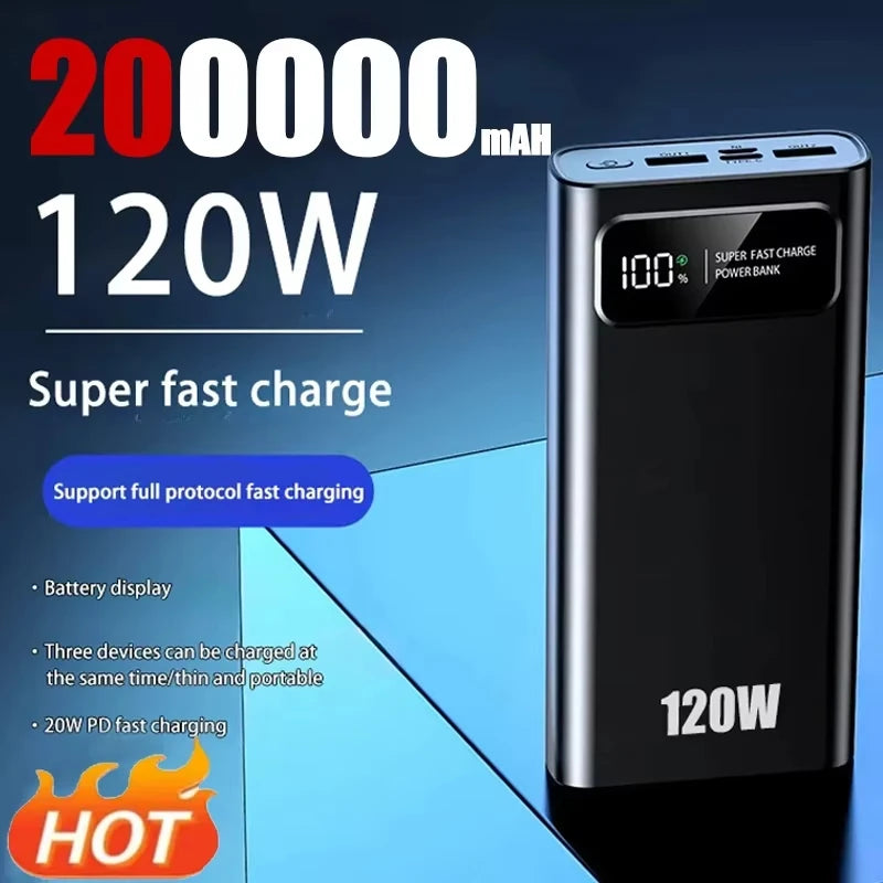 200000mAh Power Bank 120W Super Fast Charging Battery High Capacity Digital Display Power Bank For Iphone Samsung Xiaomi Huawei