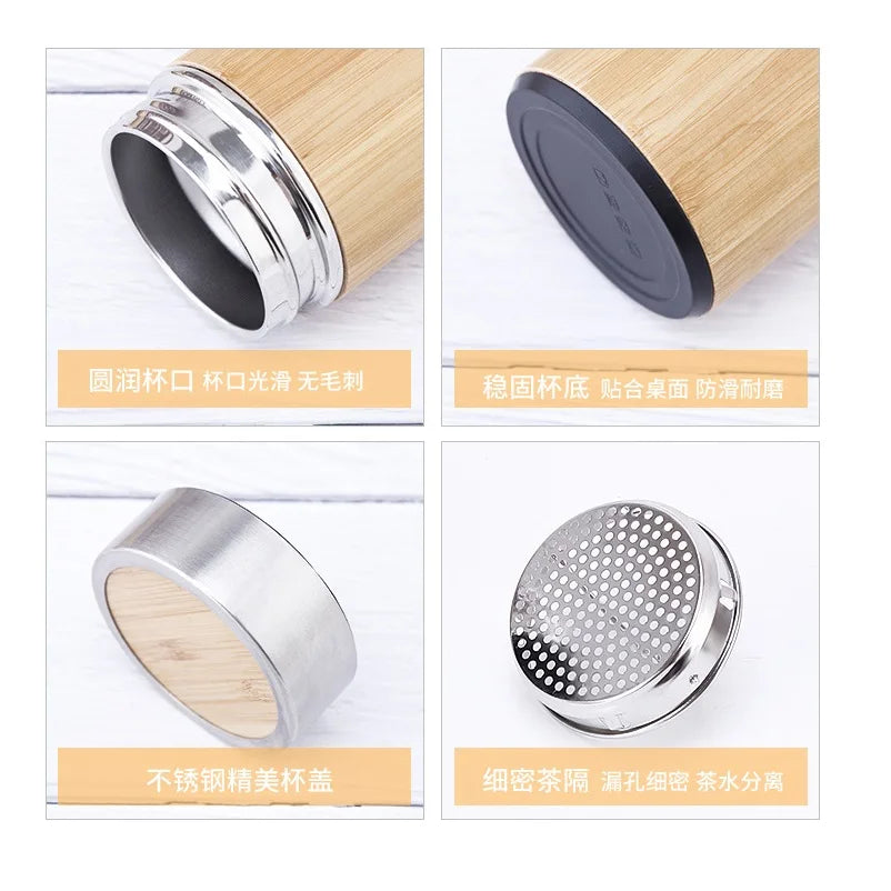 Bamboo Crafts Bamboo Tea Thermos Steel Double Wall Coffee Tea Bamboo Vacuum Flask 400-500ml