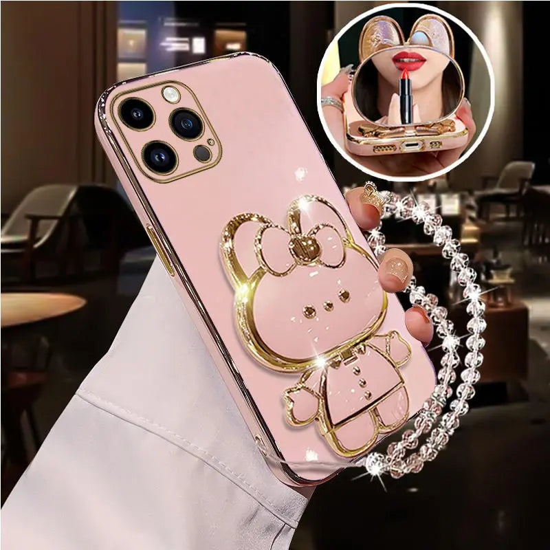 Diamond Strap Mirror Rabbit Phone Holder On Case For iPhone 15 14 13 12 11 Xs Pro Max Mini X XR Apple 6 6s 7 8 Plus Stand Cover - iBrightCS
