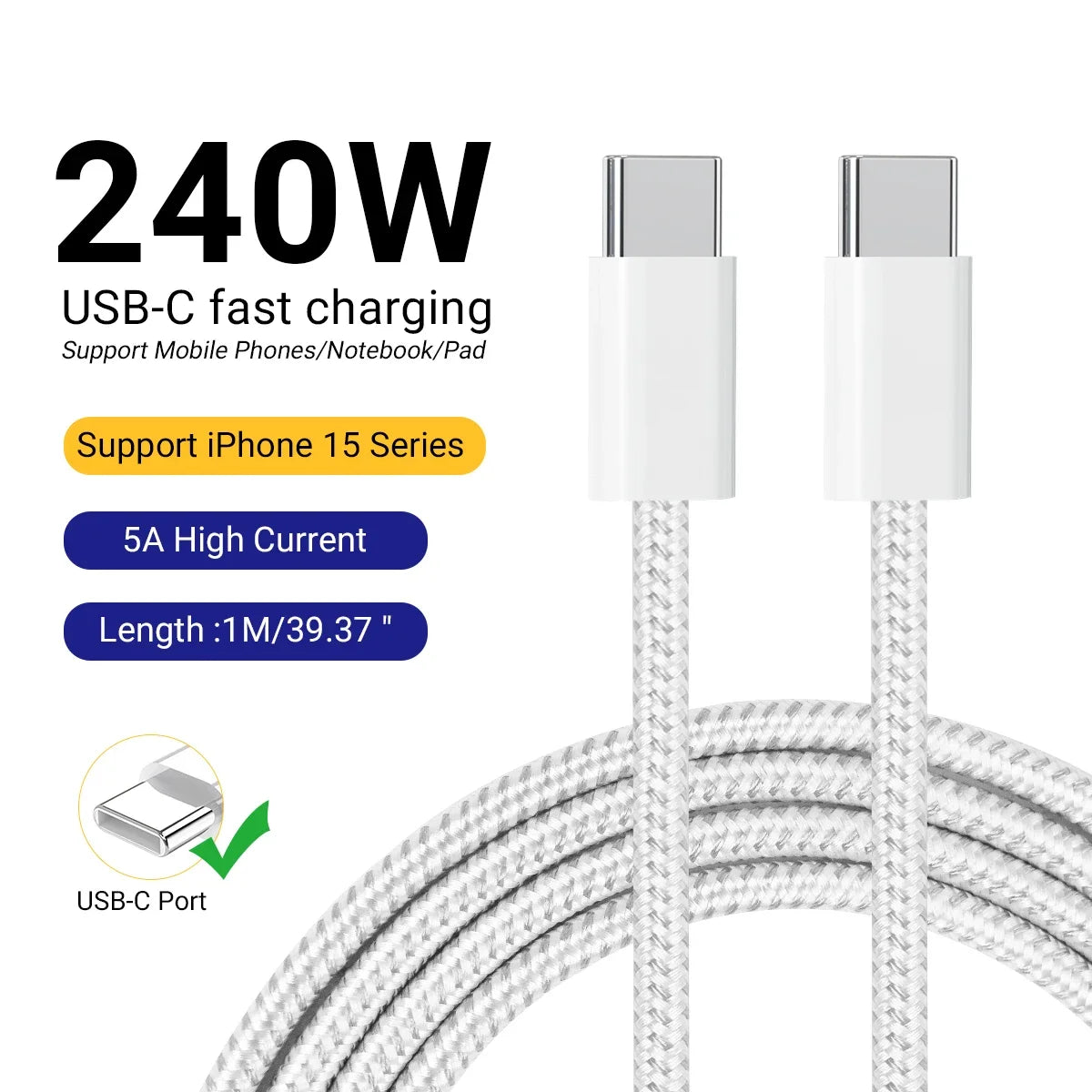 240W USB C to USB C Cable, USB C to Type C Fast Charging Cable for MacBook Pro, iPhone15/15Pro/15Plus/15ProMax, iPad Pro 2020 - iBrightCS
