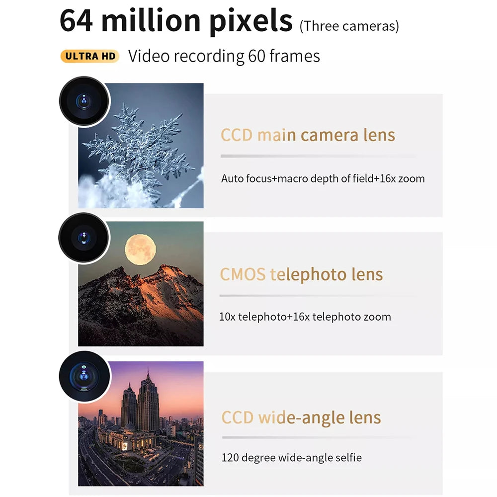 New 4K Digital Camera Night Vision Triple Lens 3Inch HD 64MP Touch Screen Entertainment Digital Camera OTG Transmission 3600mAh