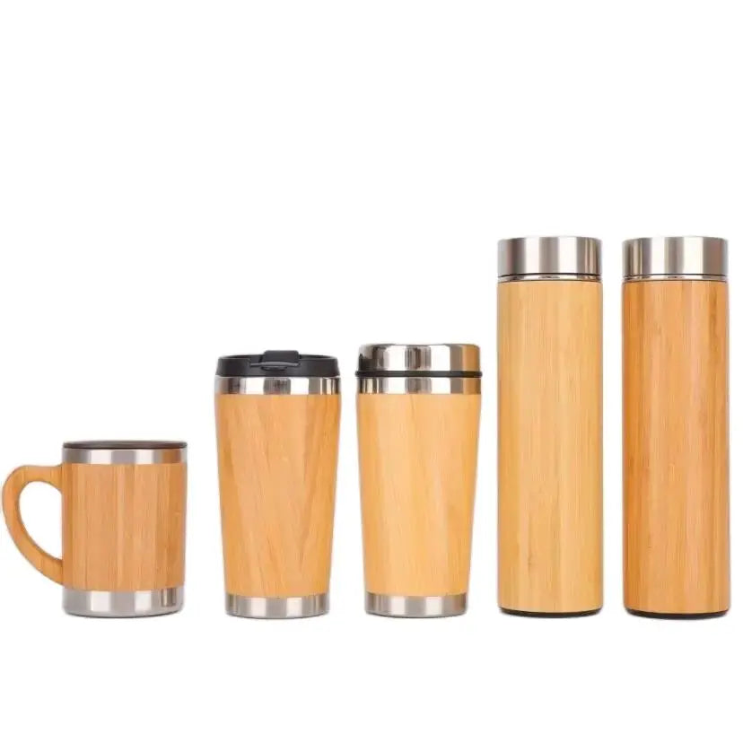 Bamboo Crafts Bamboo Tea Thermos Steel Double Wall Coffee Tea Bamboo Vacuum Flask 400-500ml
