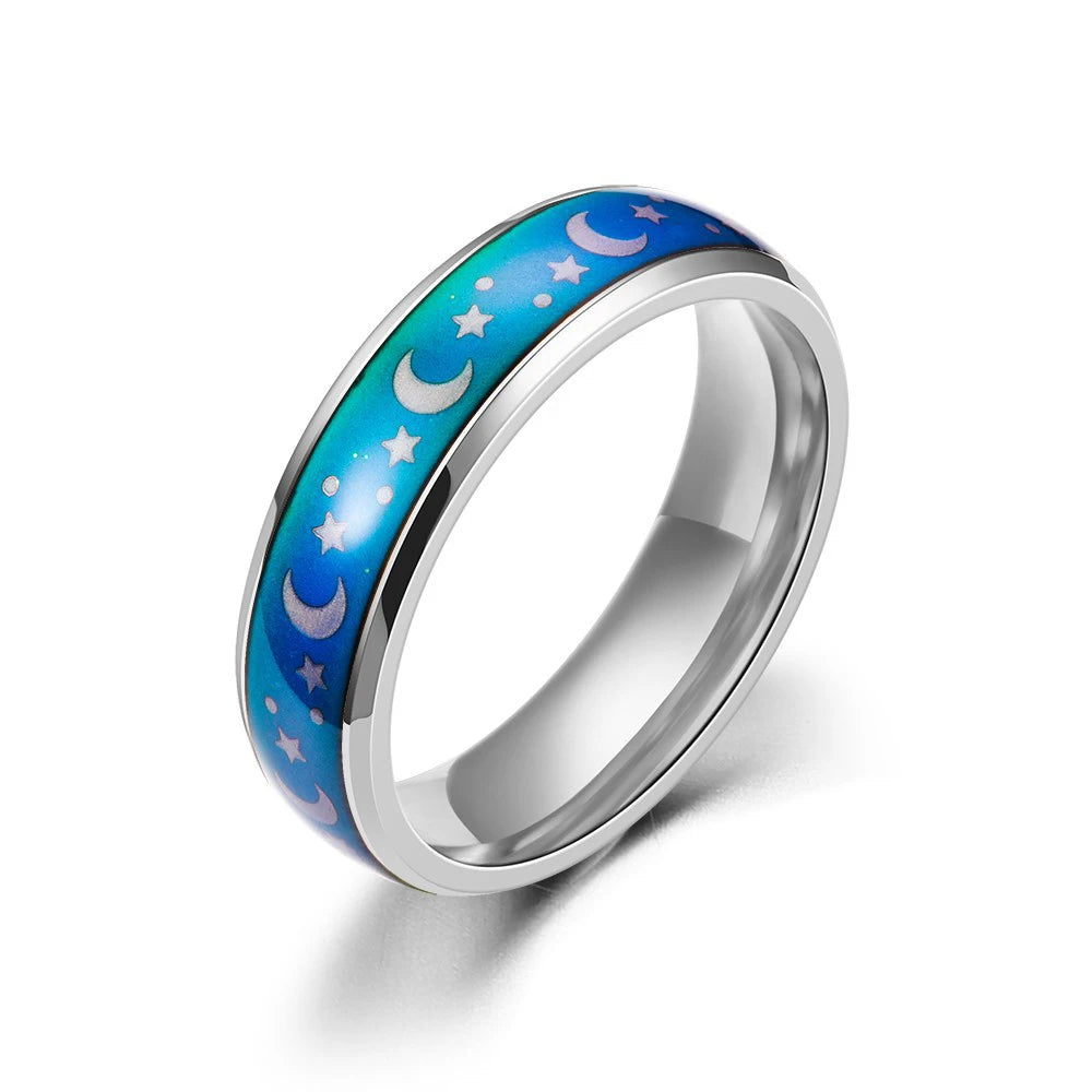 AsJerlya Classic Body Temperature Change Color Mood Ring Star Moon Stainless Steel For Women Men Smart Discolor Rings Best Gifts