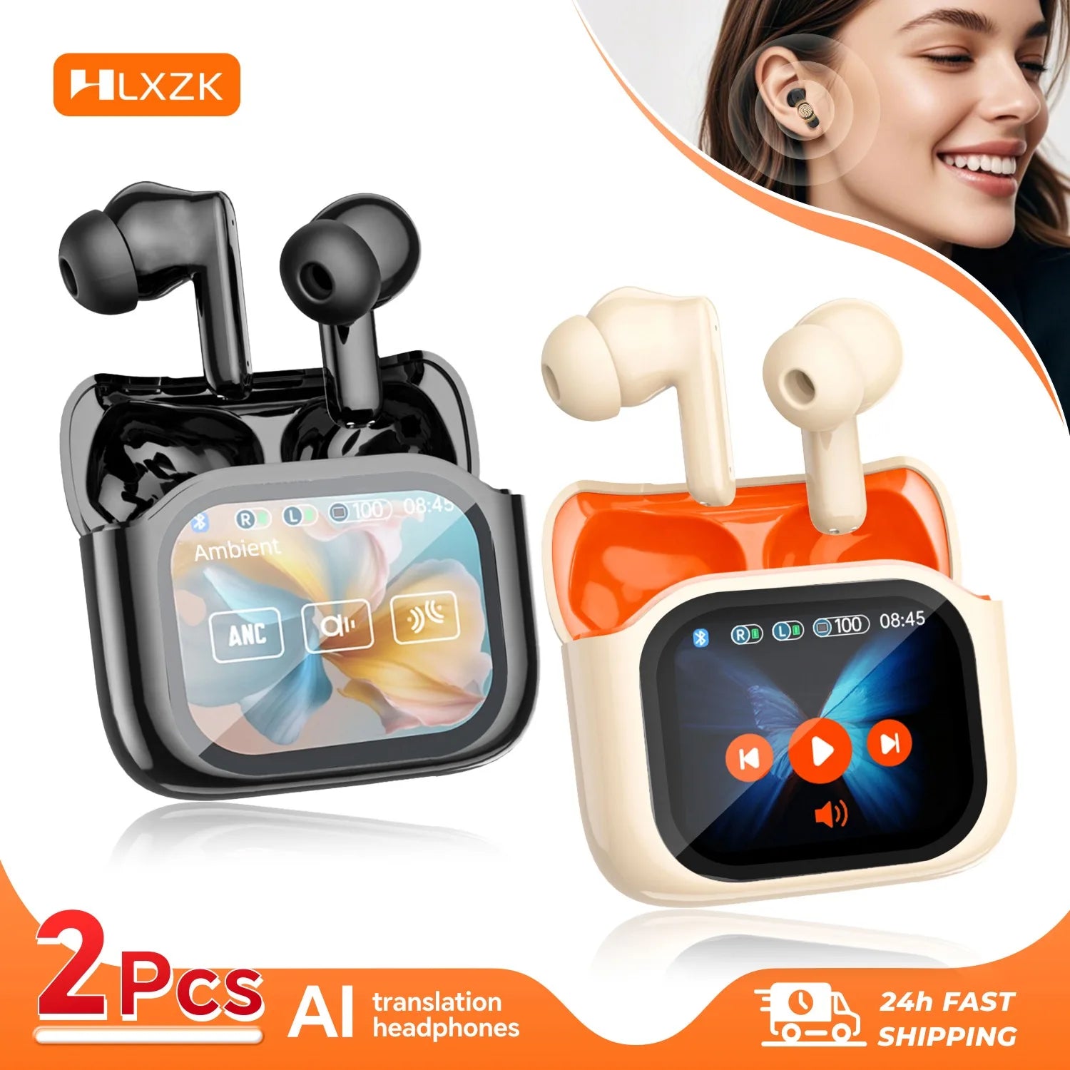 2PCS Touch Screen Translation Headphones 144 Languages Two-Way Real Time Translator Headsets Travel Business Bluetooth Earbuds - iBrightCS