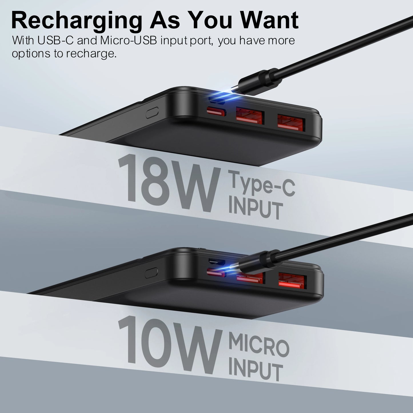 Portable Charger Power Bank 10000mAh, PD 22.5W Battery Pack, Slim Design, 3 Outputs, 2 Input.